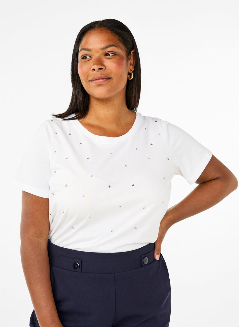 Katoenen T-shirt met strassteentjes, Bright White, Model image number 0