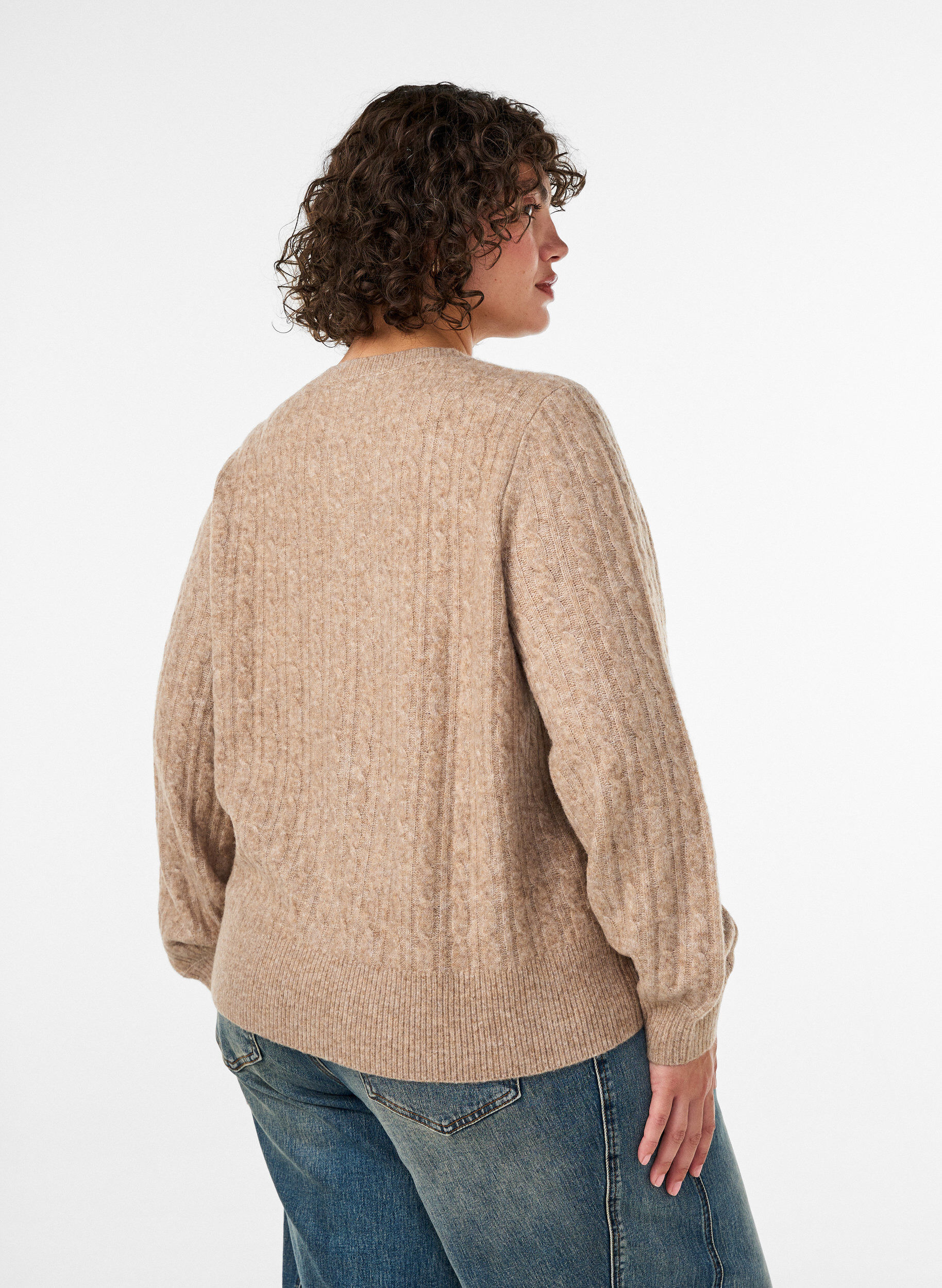 ZizziKabelgebreid vest met parelknopen, Beige, Model image number 2