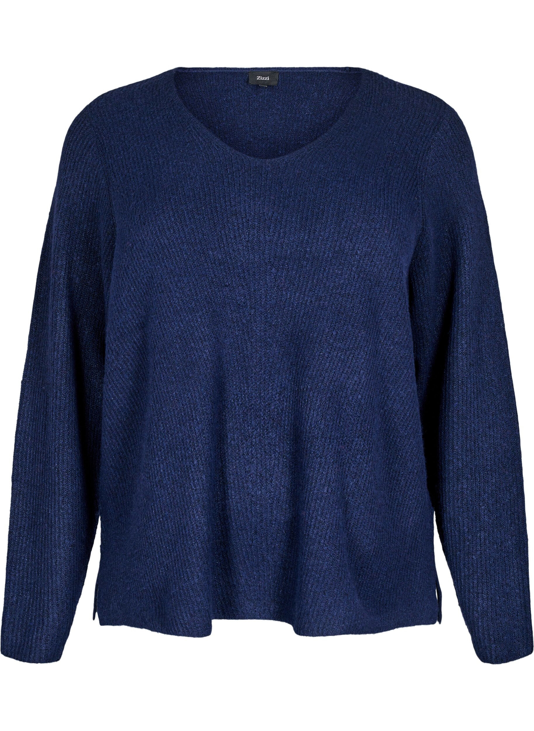 Zizzi Gebreide blouse met V-hals en lange mouwen, Naval A. Black Mel., Packshot image number 0