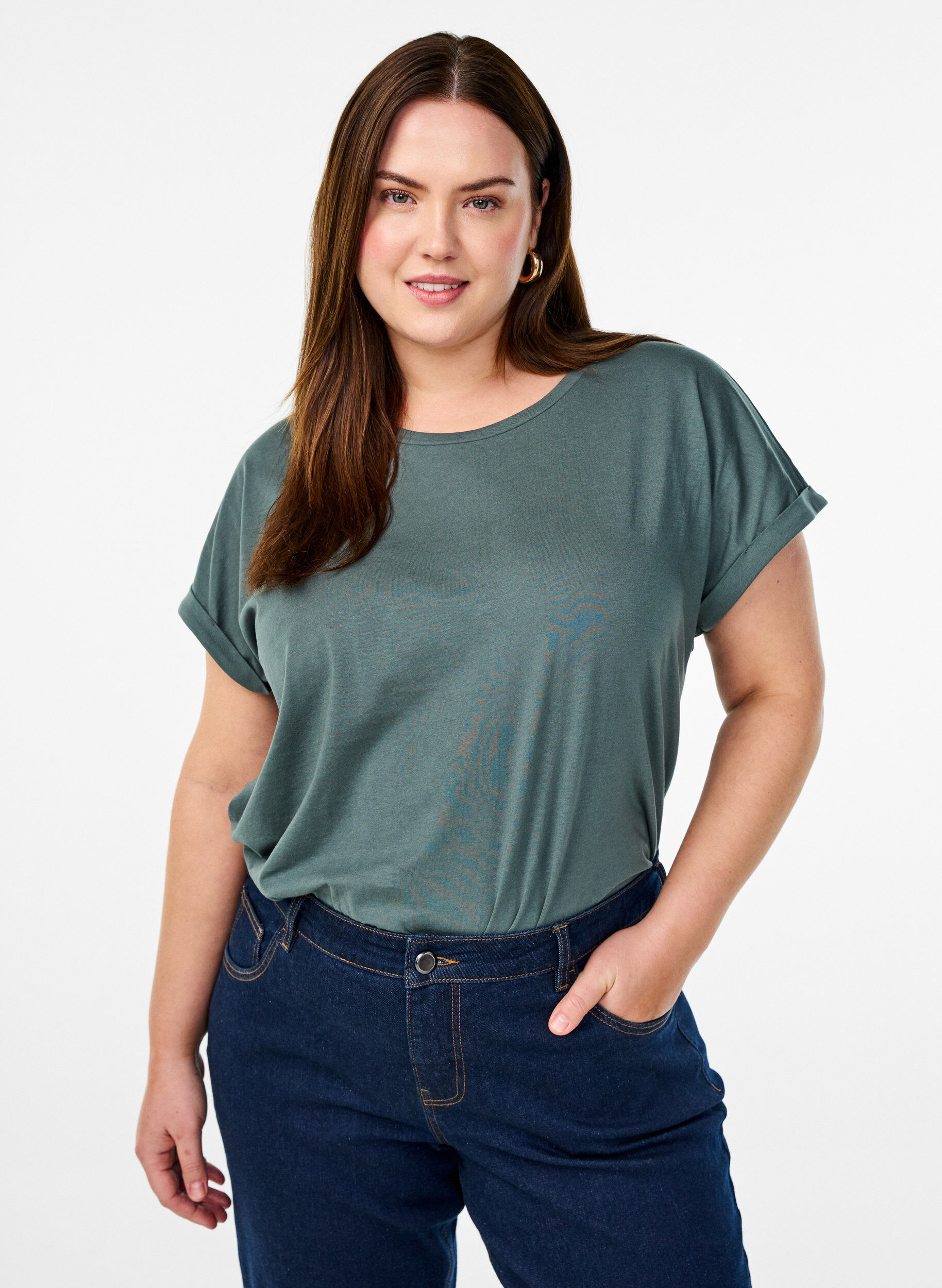 T-shirt met korte mouwen van katoenmix, Groen, Model