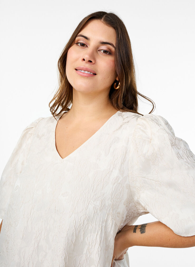 Jacquard jurk tot op de knie met korte mouwen, Whisper White, Model image number 2