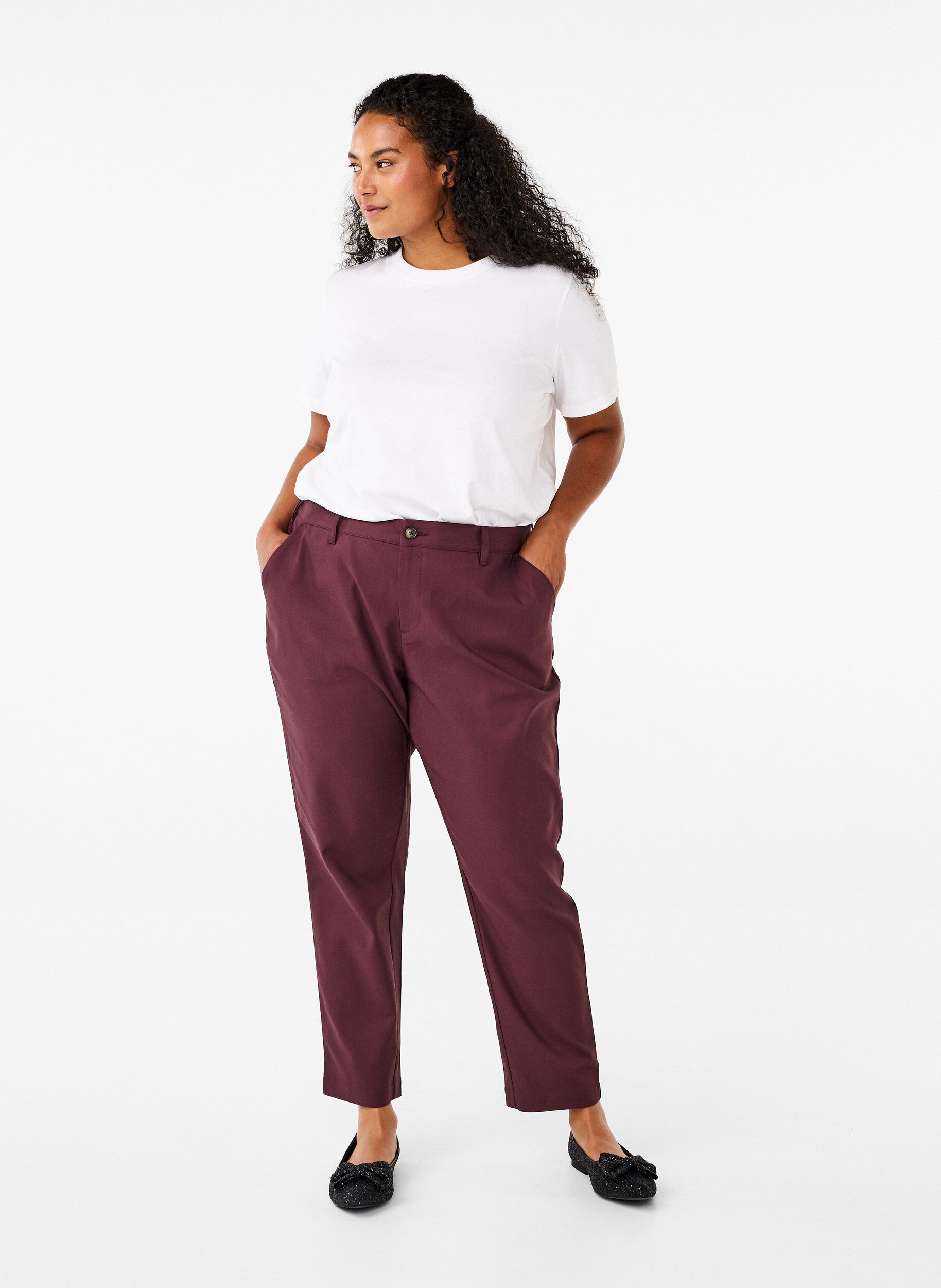 Zizzi Broek met hoge taille en rechte pijpen, Donker Bordeaux, Model image number 0