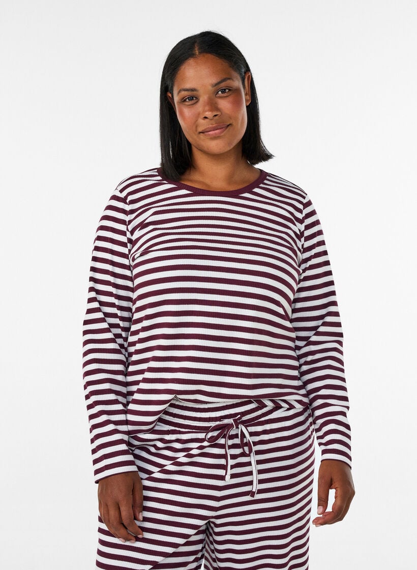 Nachtbovenstuk met lange mouwen in geribde jersey met strepen, Rood, Model image number 0