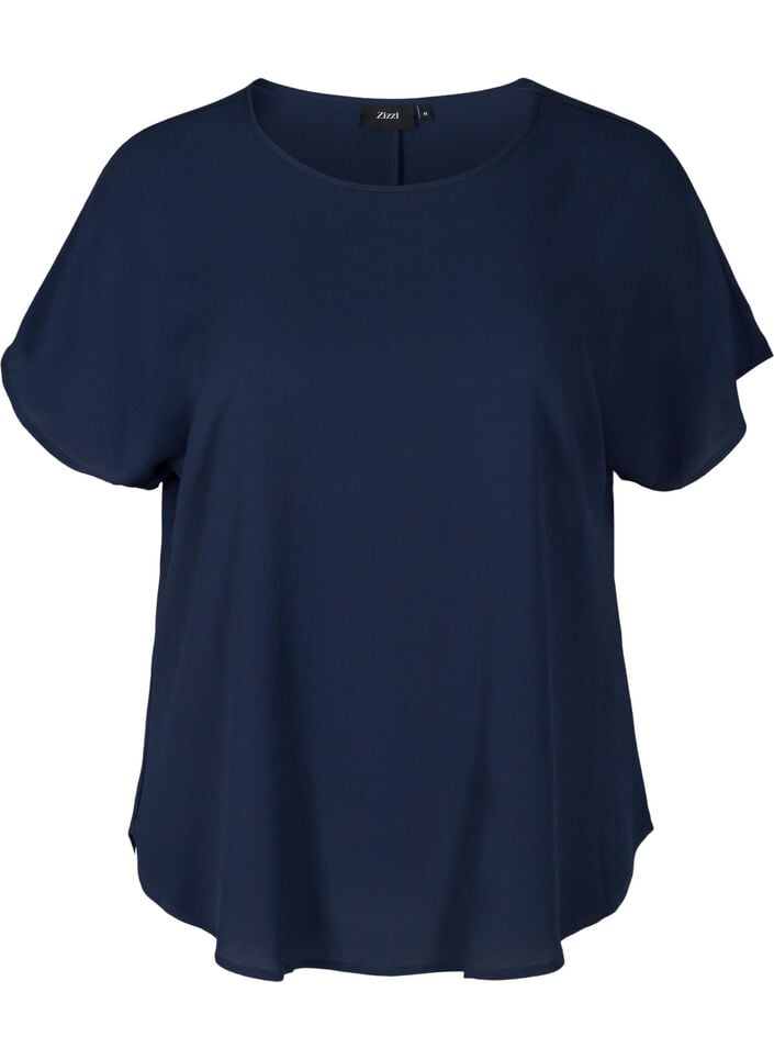 Blouse met korte mouwen en een ronde halslijn, Blauw, Packshot image number 0