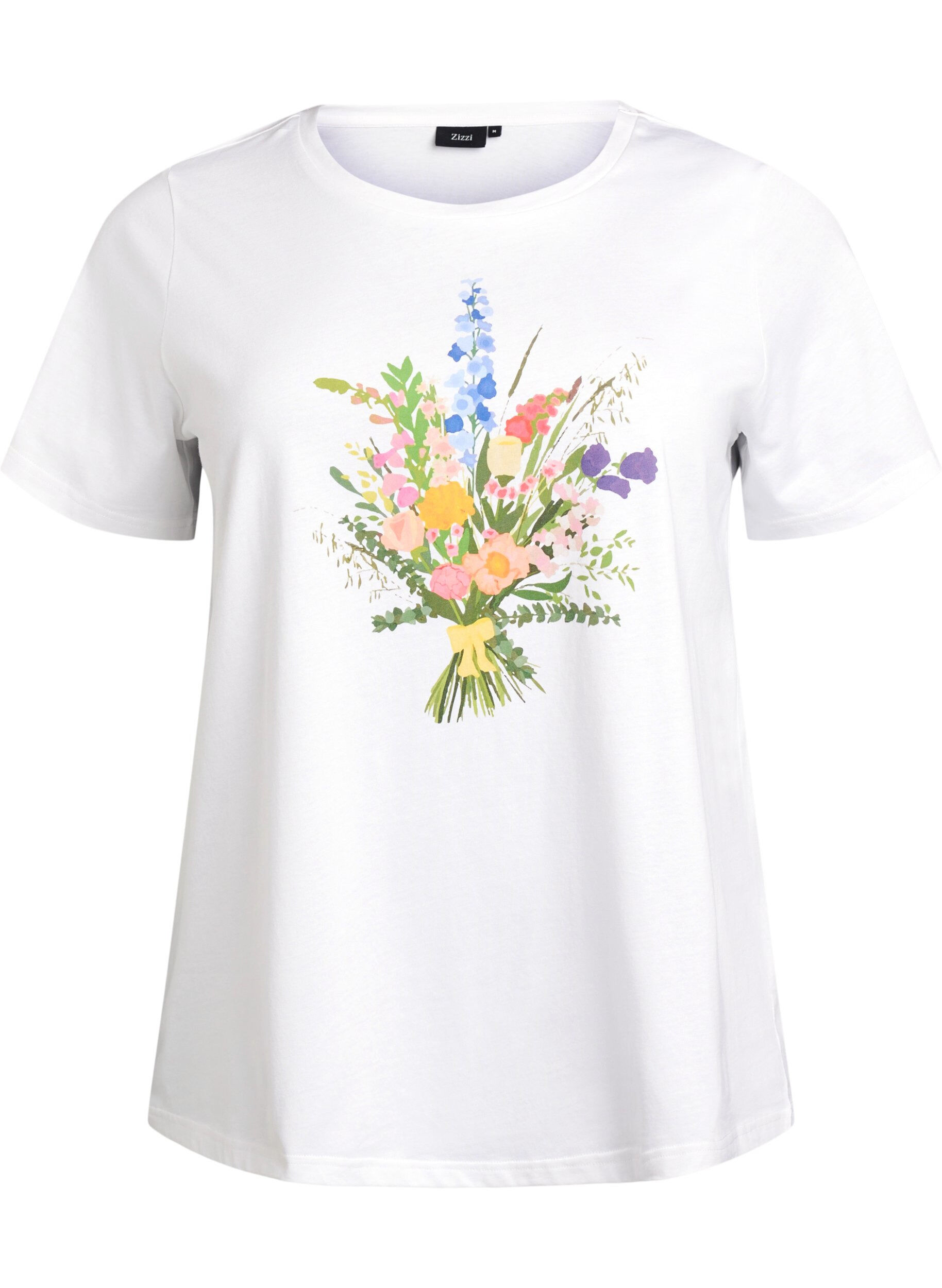 Zizzi T-shirt in biologisch katoen met bloemenprint, B. White w. Flower, Packshot image number 0