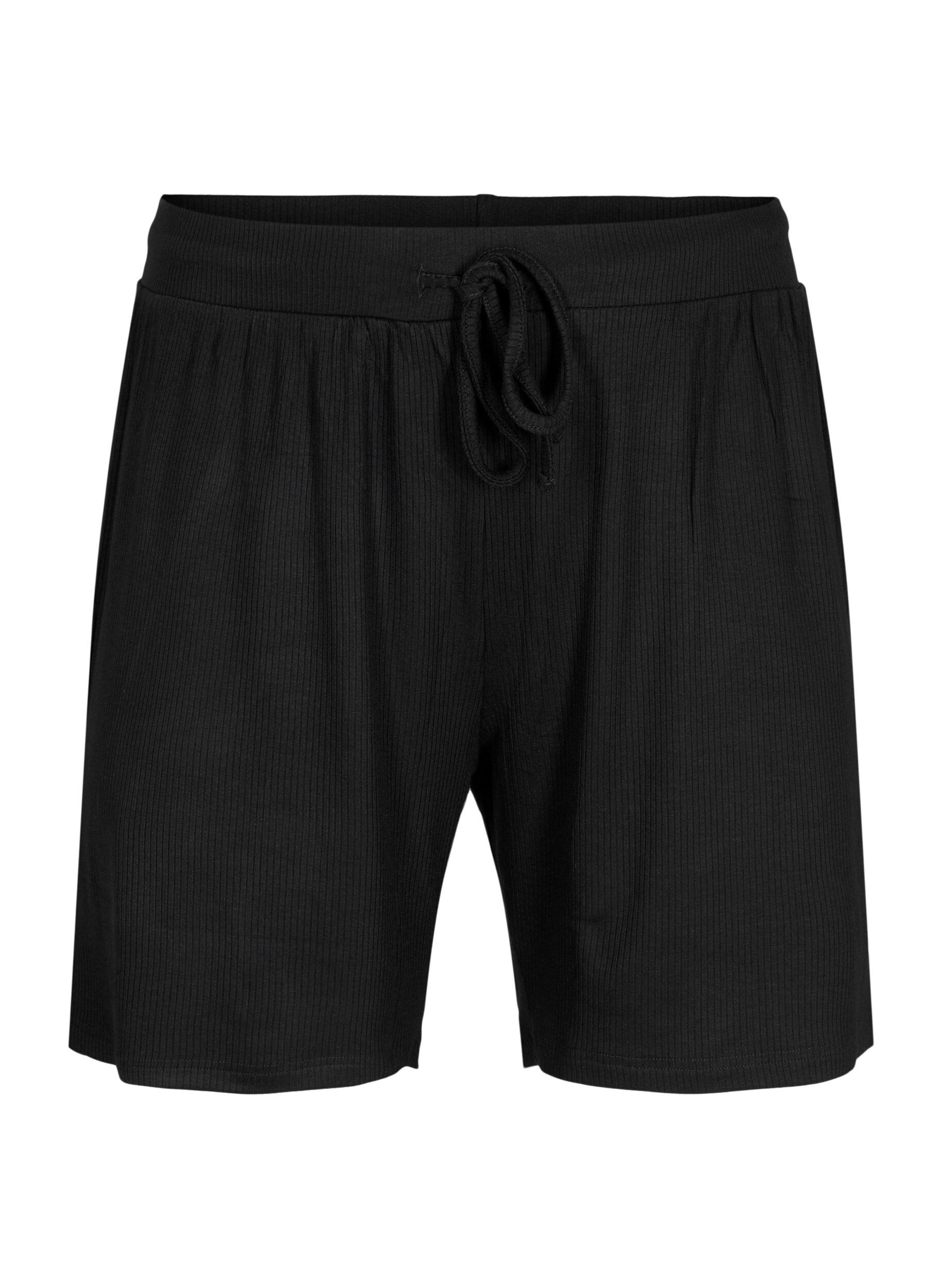Zizzi Losse viscose short met ribstructuur, Black, Packshot image number 0