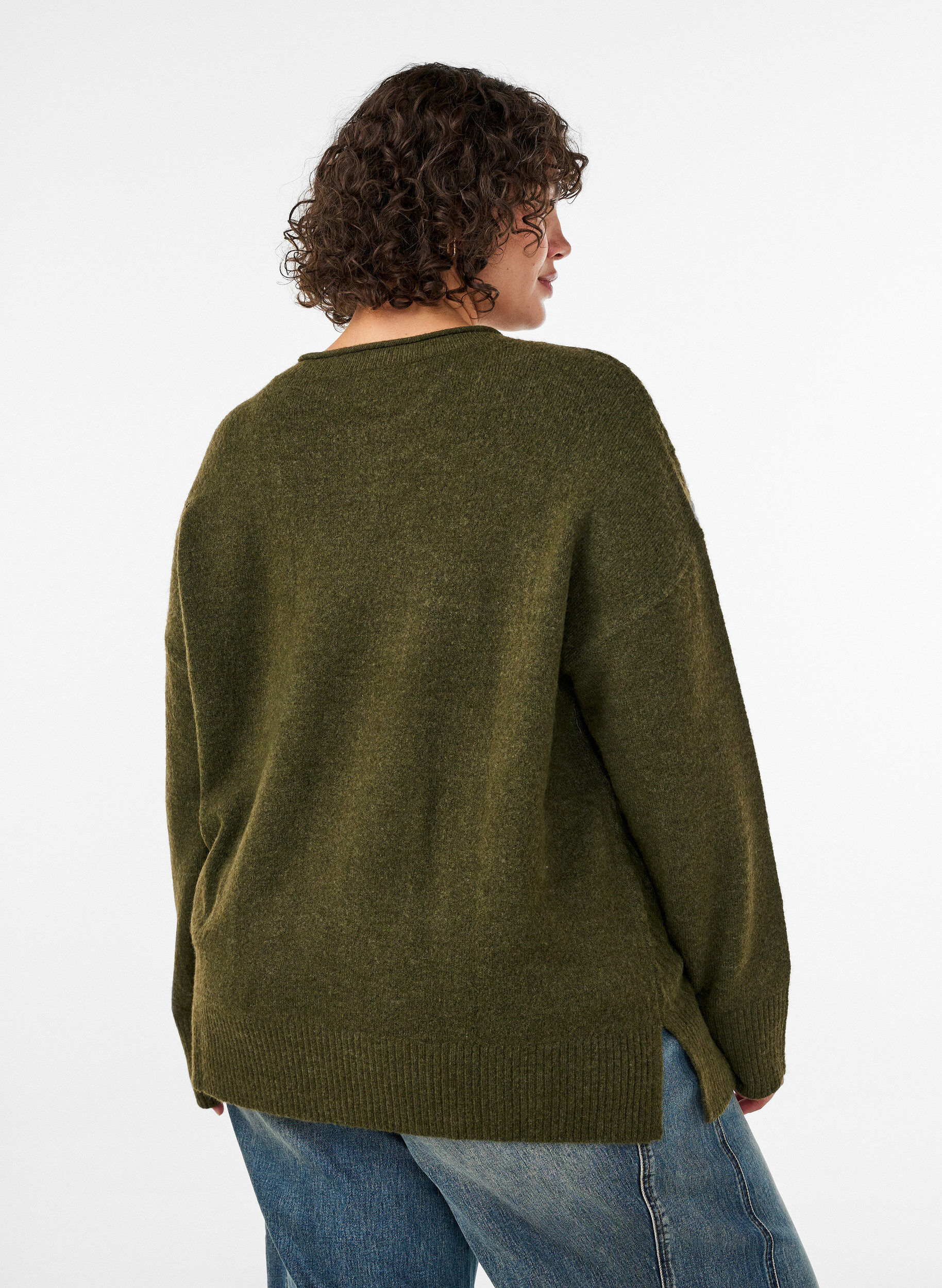 ZizziGebreide blouse met V-vormig geribd patroon en zijsplitjes, Groen, Model image number 2