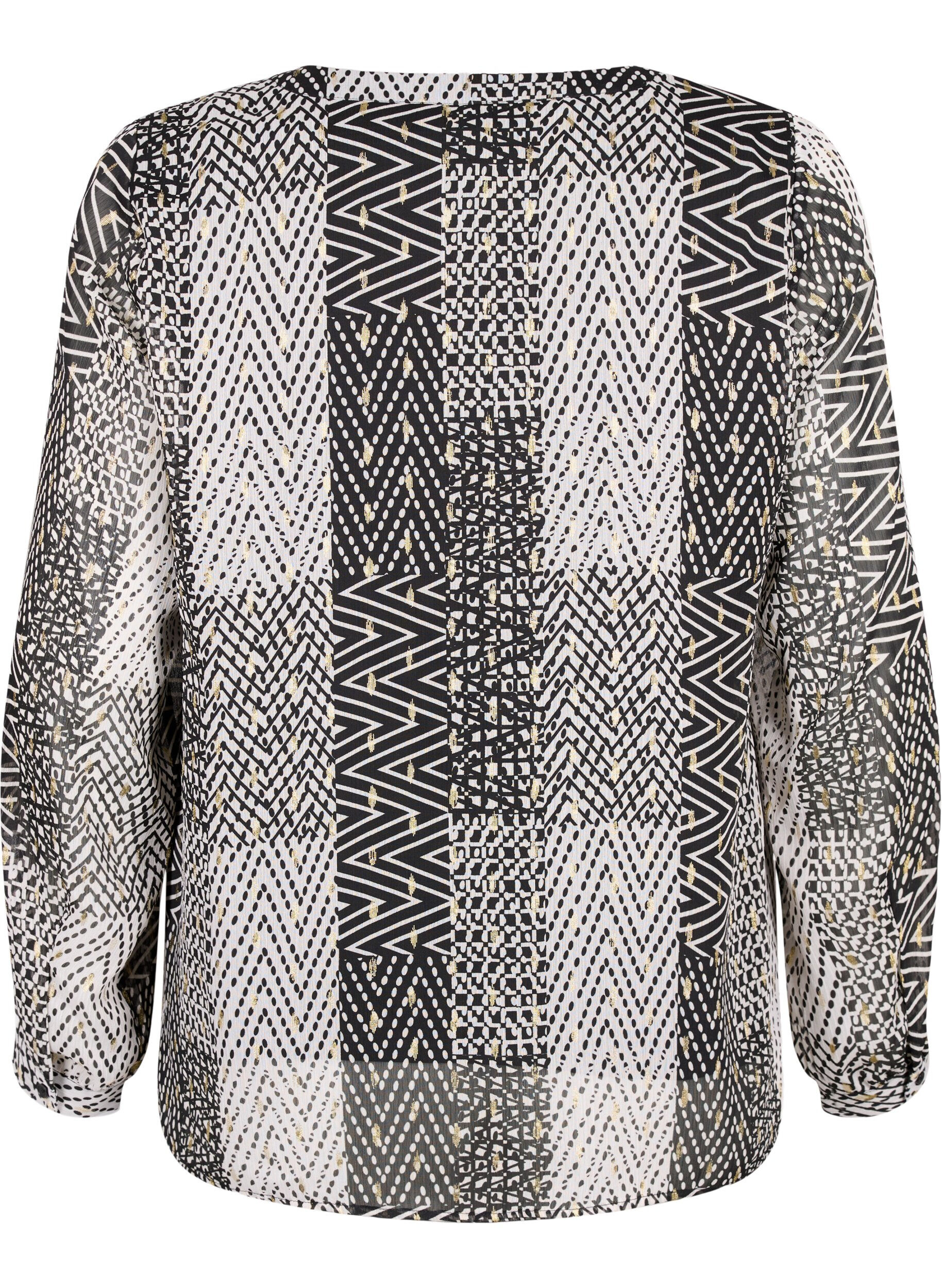 Zizzi Bedrukte blouse met V-halslijn, Zwart, Packshot image number 1