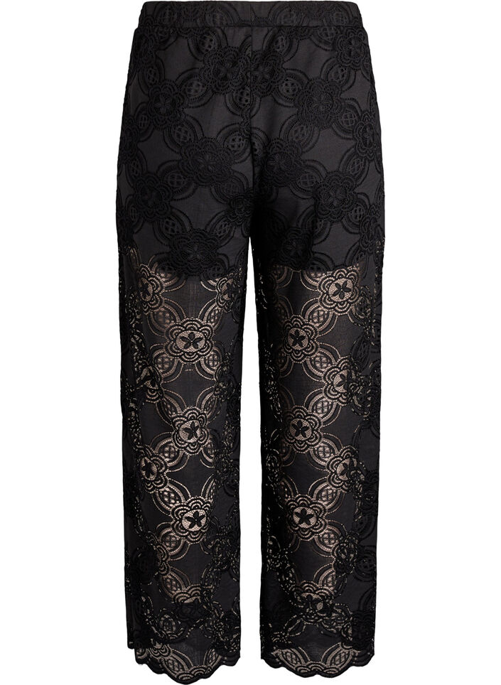 High-waisted kanten broek met wijde pijpen, Zwart, Packshot image number 1