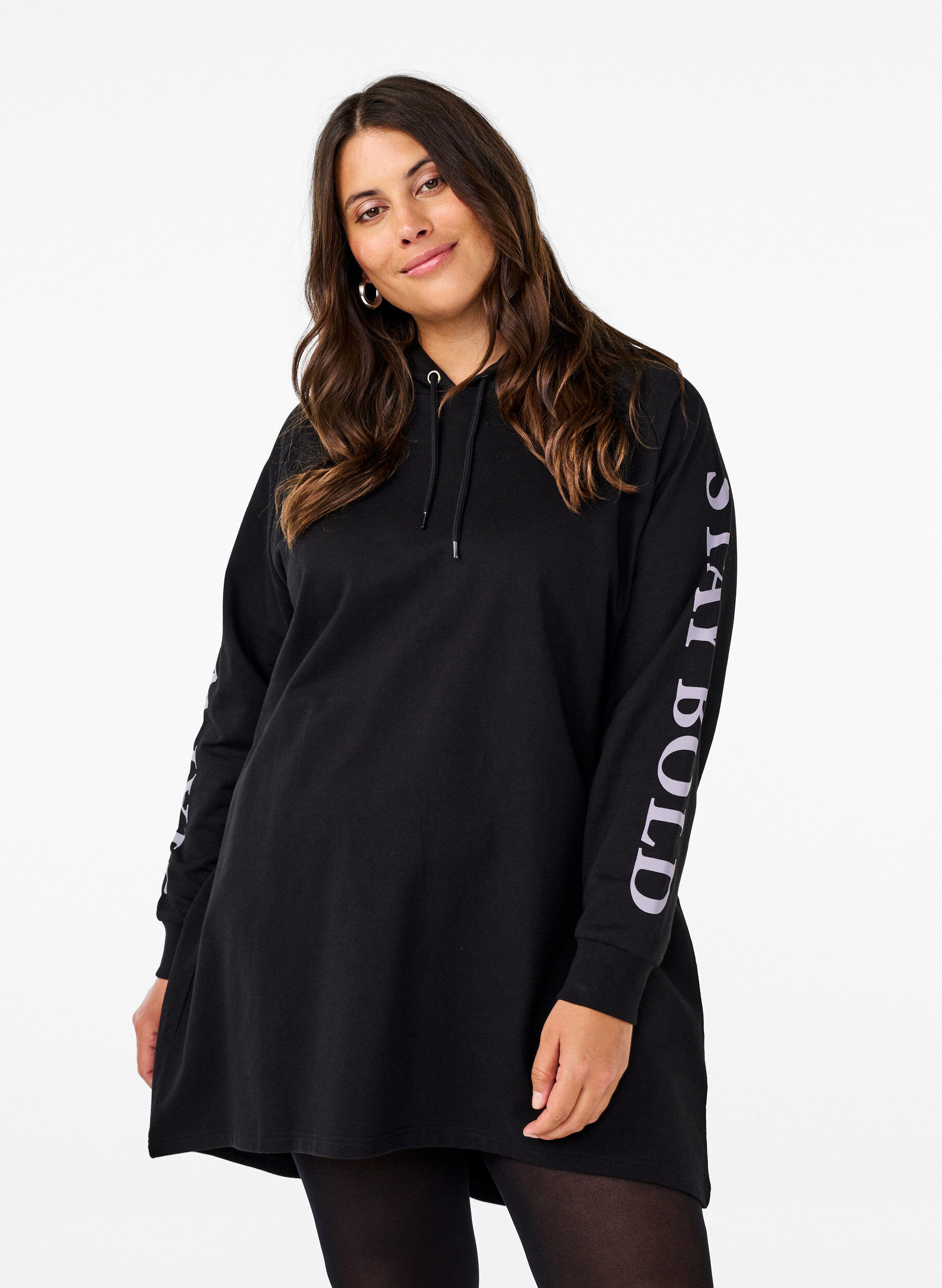 Zizzi Oversized sweatshirt met print op de mouwen, Black w. Silver, Model image number 0