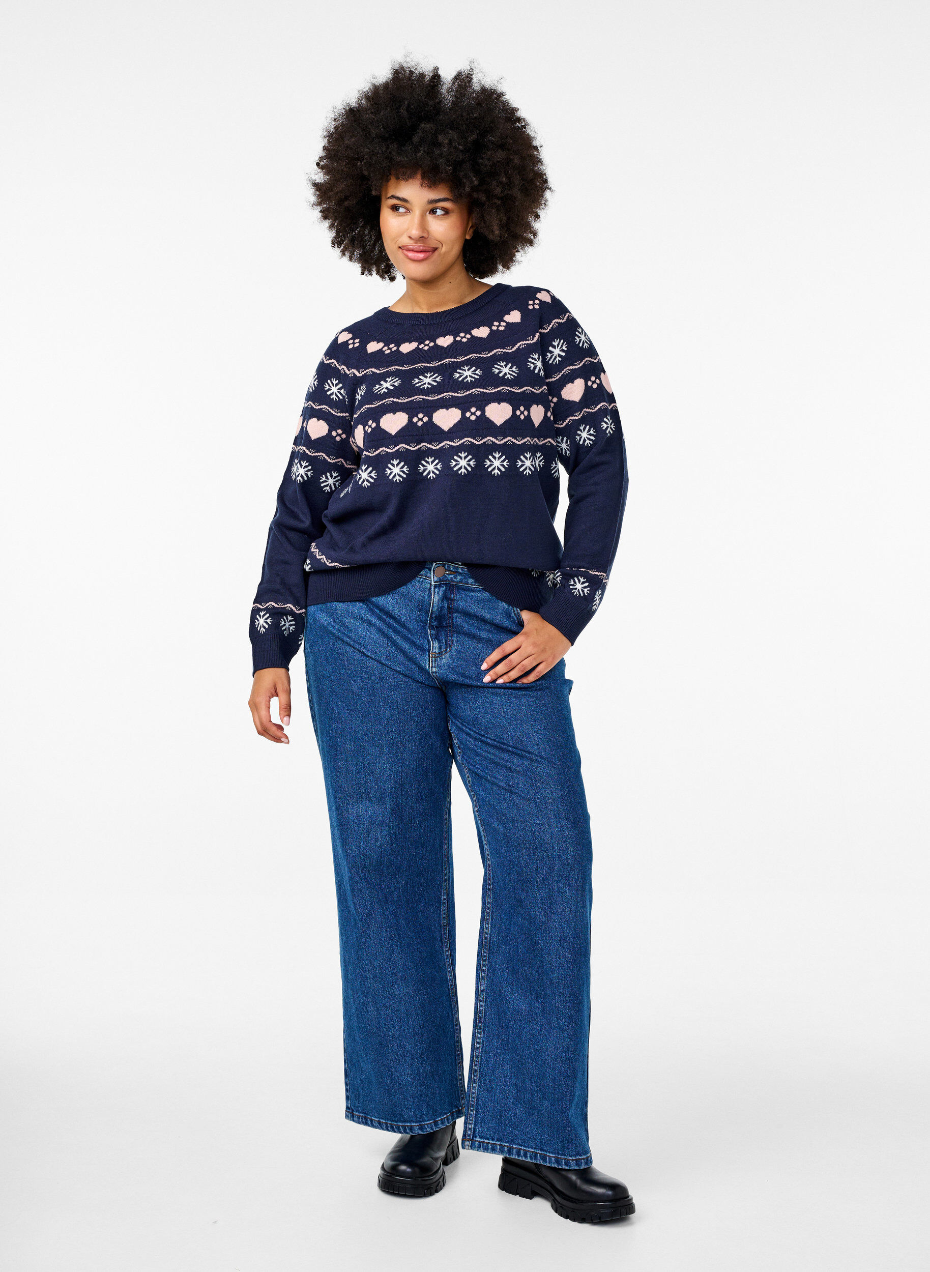 Zizzi Langarmige gebreide top met kerstmotief, Navy Blazer Comb, Model image number 2