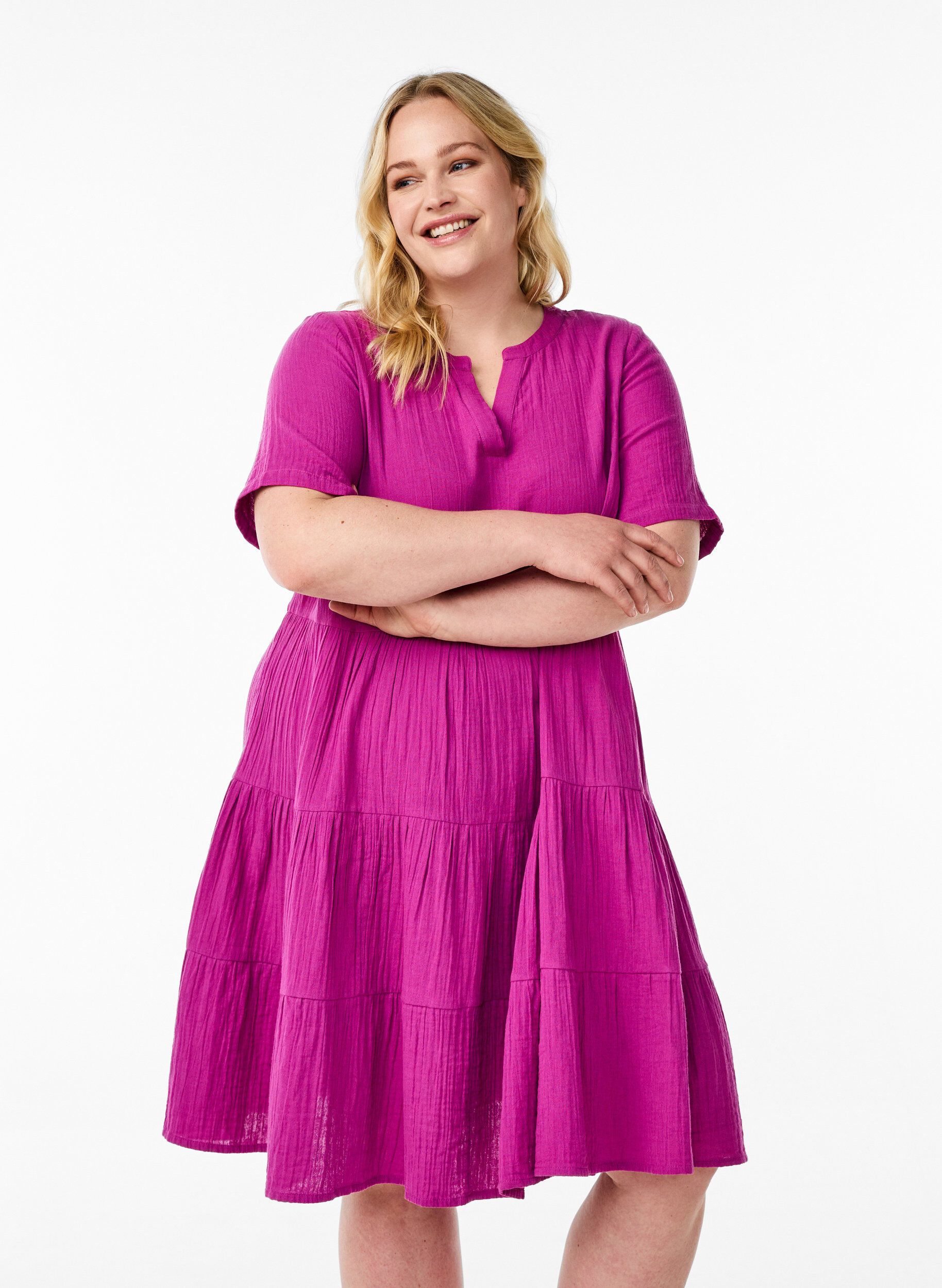 Zizzi Knielange katoenen mousseline jurk met een A-lijn, Paars, Model image number 0