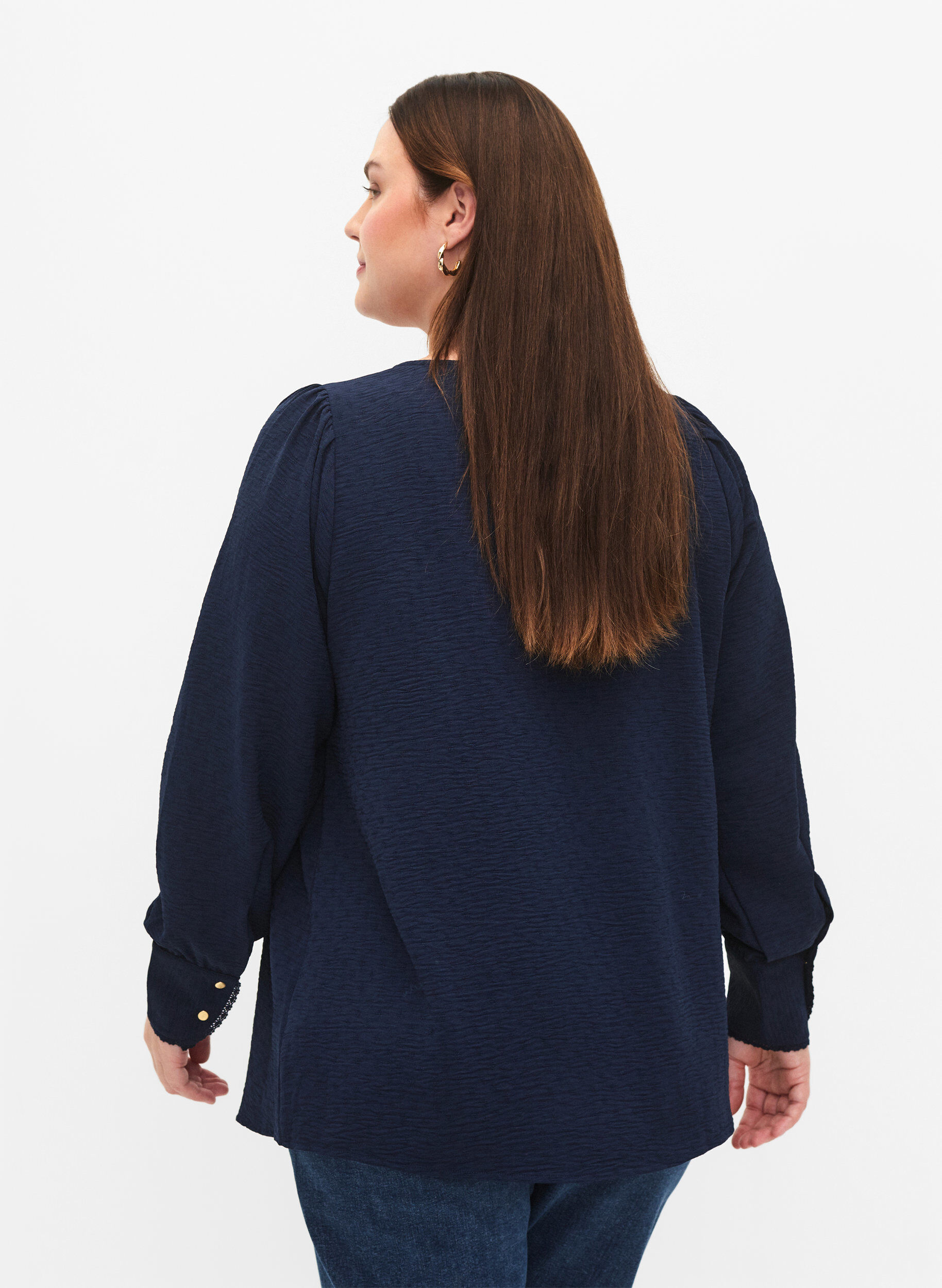 Zizzi Blouse met lange mouwen en textuur, Navy Blazer, Model image number 1