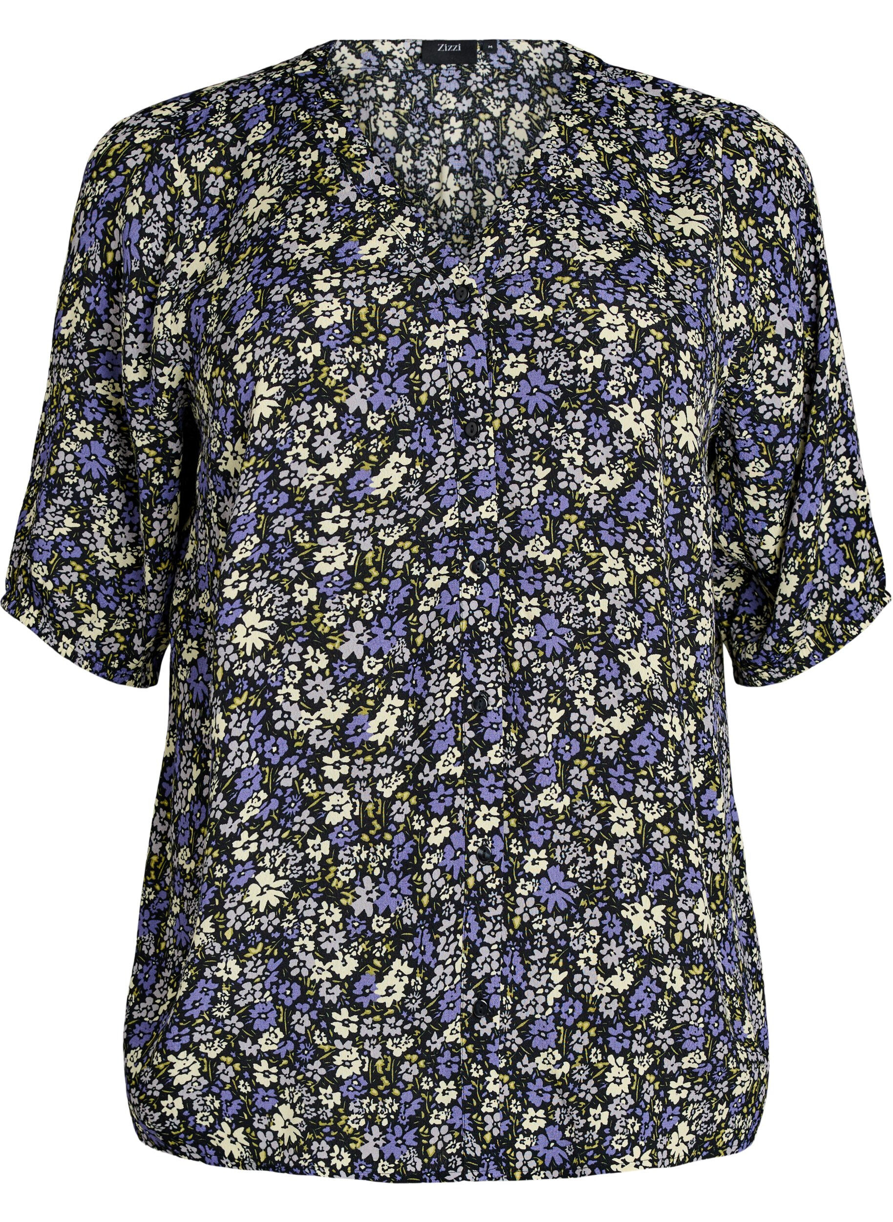 Zizzi Viscose blouse met print en knoopsluiting, Zwart, Packshot image number 0