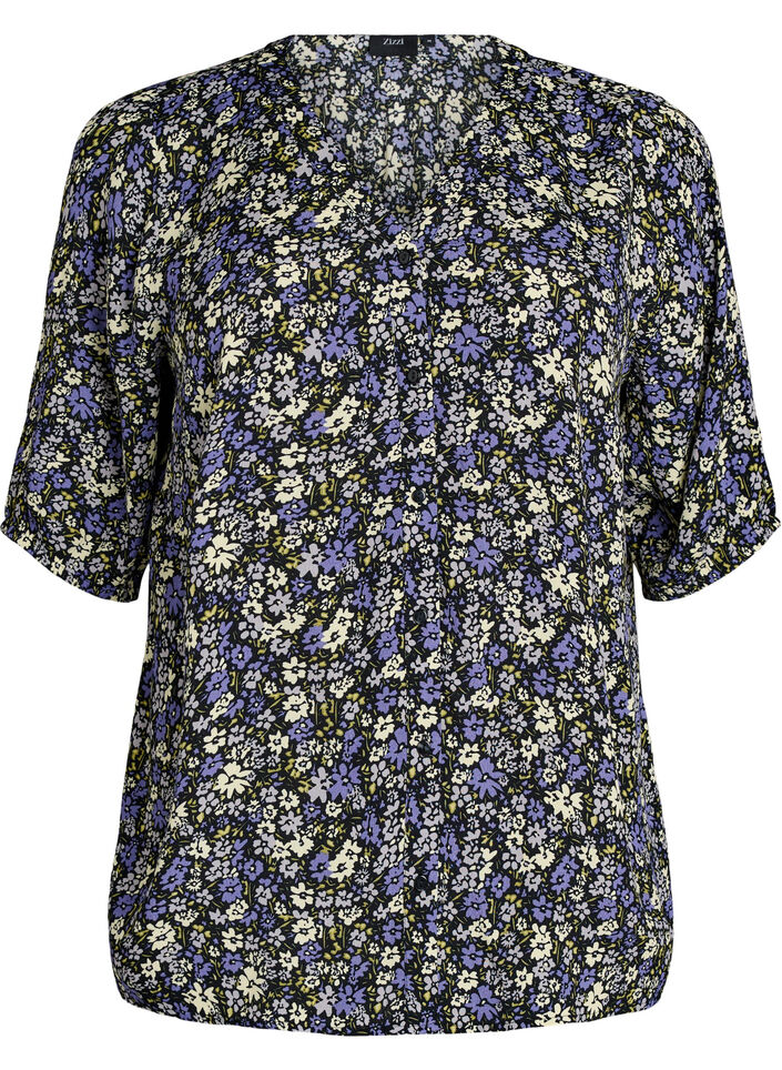Viscose blouse met print en knoopsluiting, Zwart, Packshot image number 0
