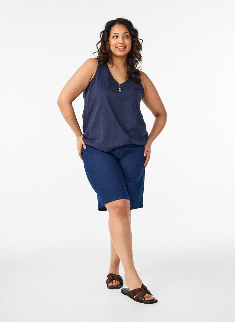 Tanktop in biologisch katoen met V-hals en knopen, Blauw, Model image number 1