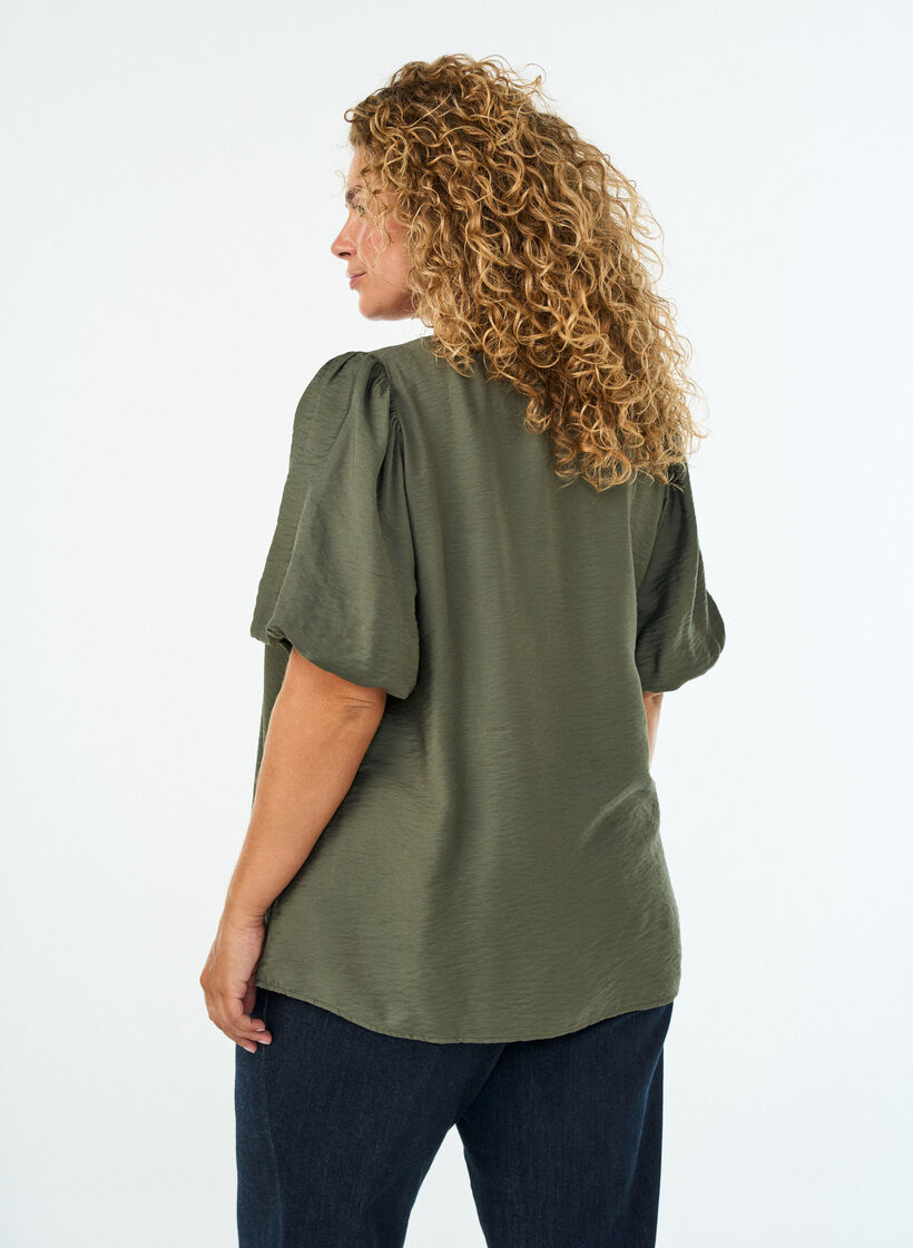 Blouse met ballonnenmouwen en V-hals, Groen, Model image number 1