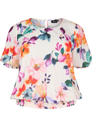 Gebloemde blouse met smokwerk, Buttercream Flower , Packshot image number 0