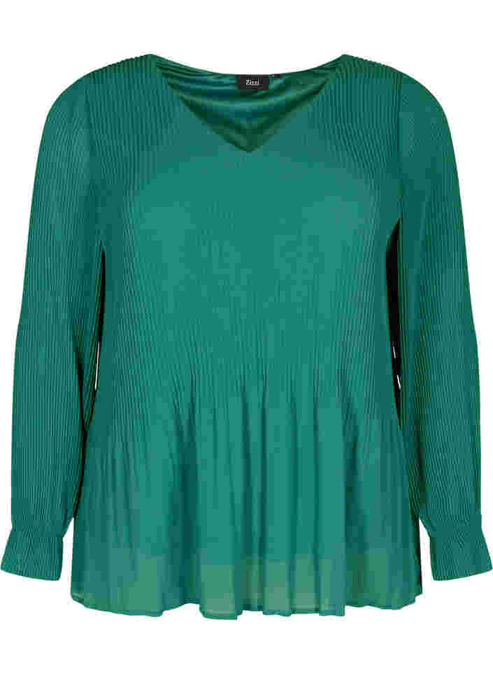 Geplooide blouse met v-hals, Evergreen, Packshot image number 0