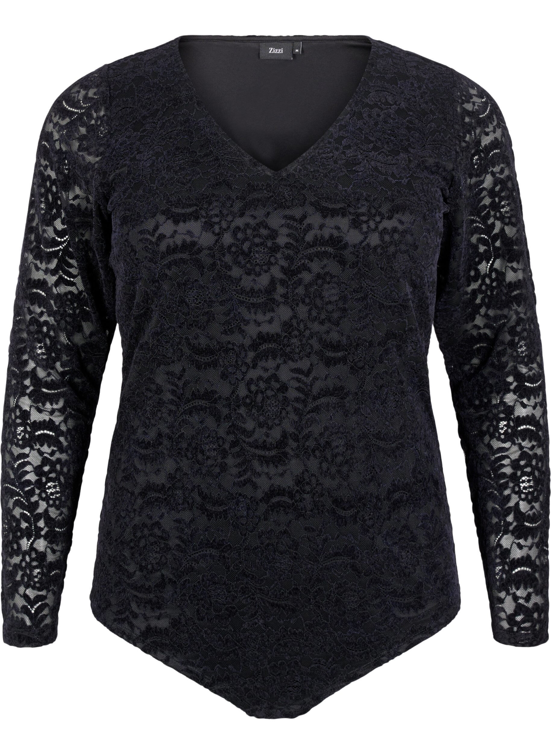 Zizzi Kanten bodystocking met lange mouwen, Black, Packshot image number 0