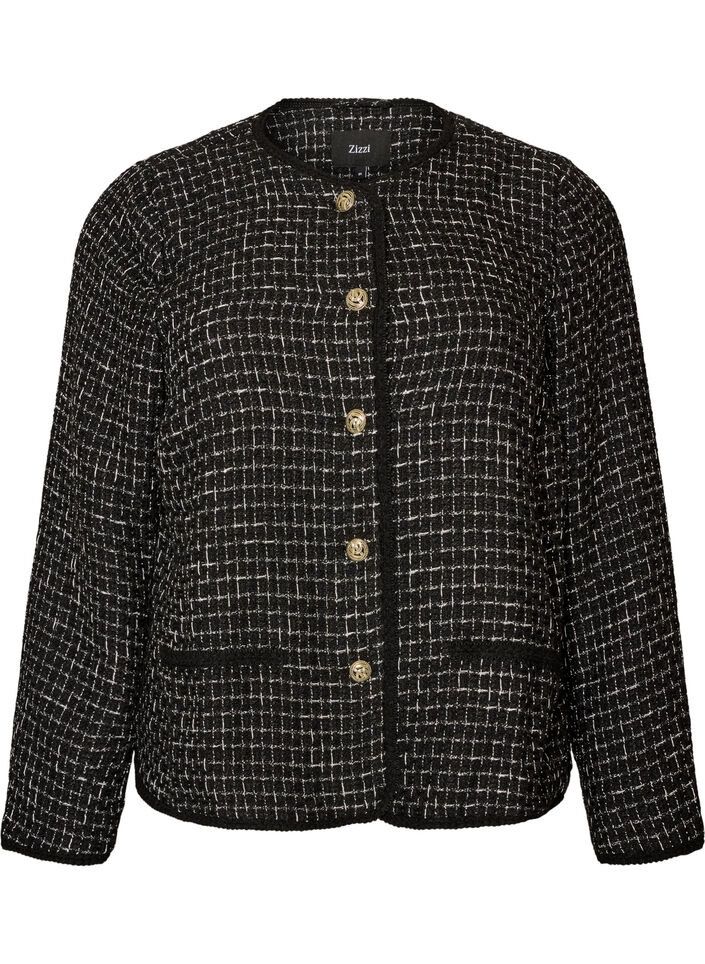 Jasje in boucl&eacute; met goudkleurige knopen, Zwart, Packshot image number 0