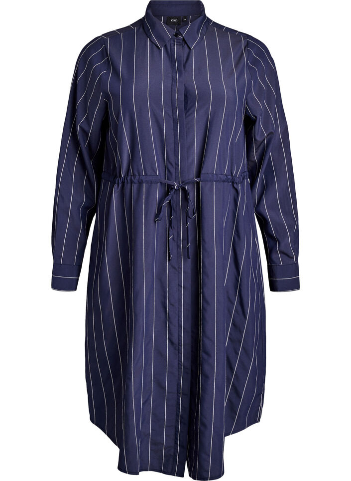 Langer shirt met krijtstrepen en strikceintuur, Blauw, Packshot image number 0