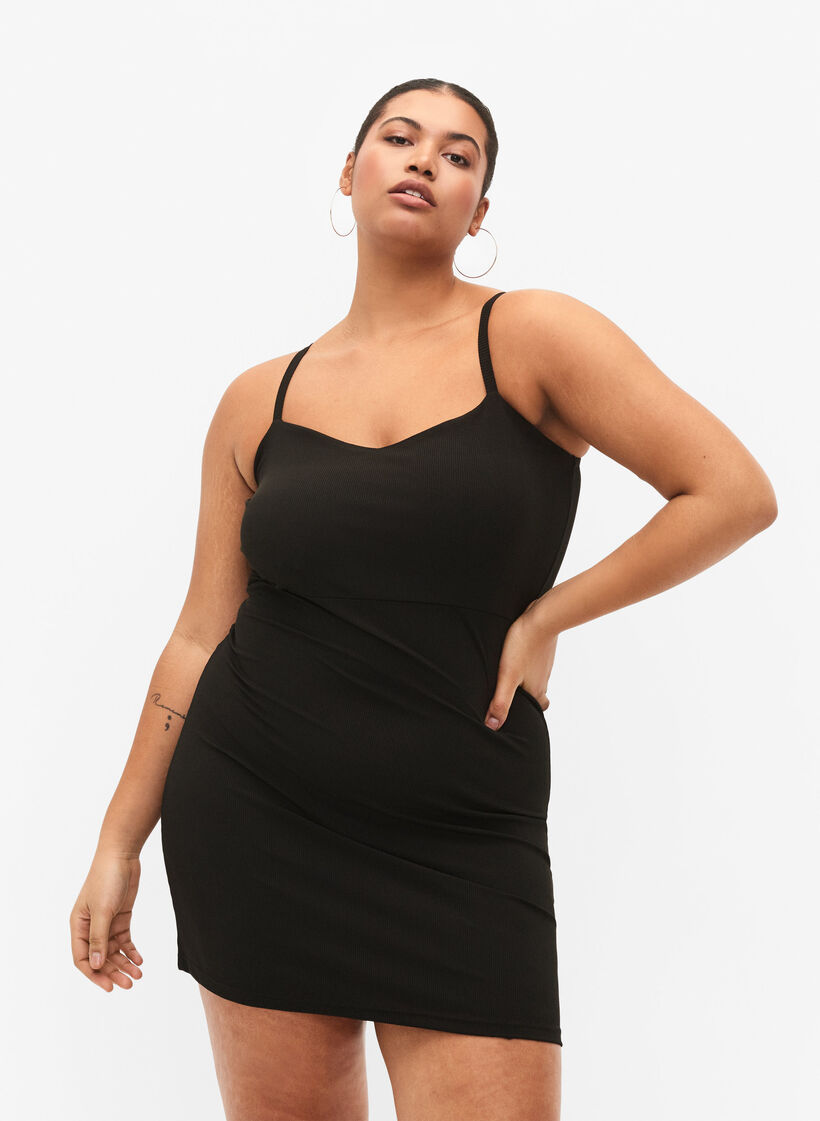 Slip jurk in rib, Black, Model image number 2