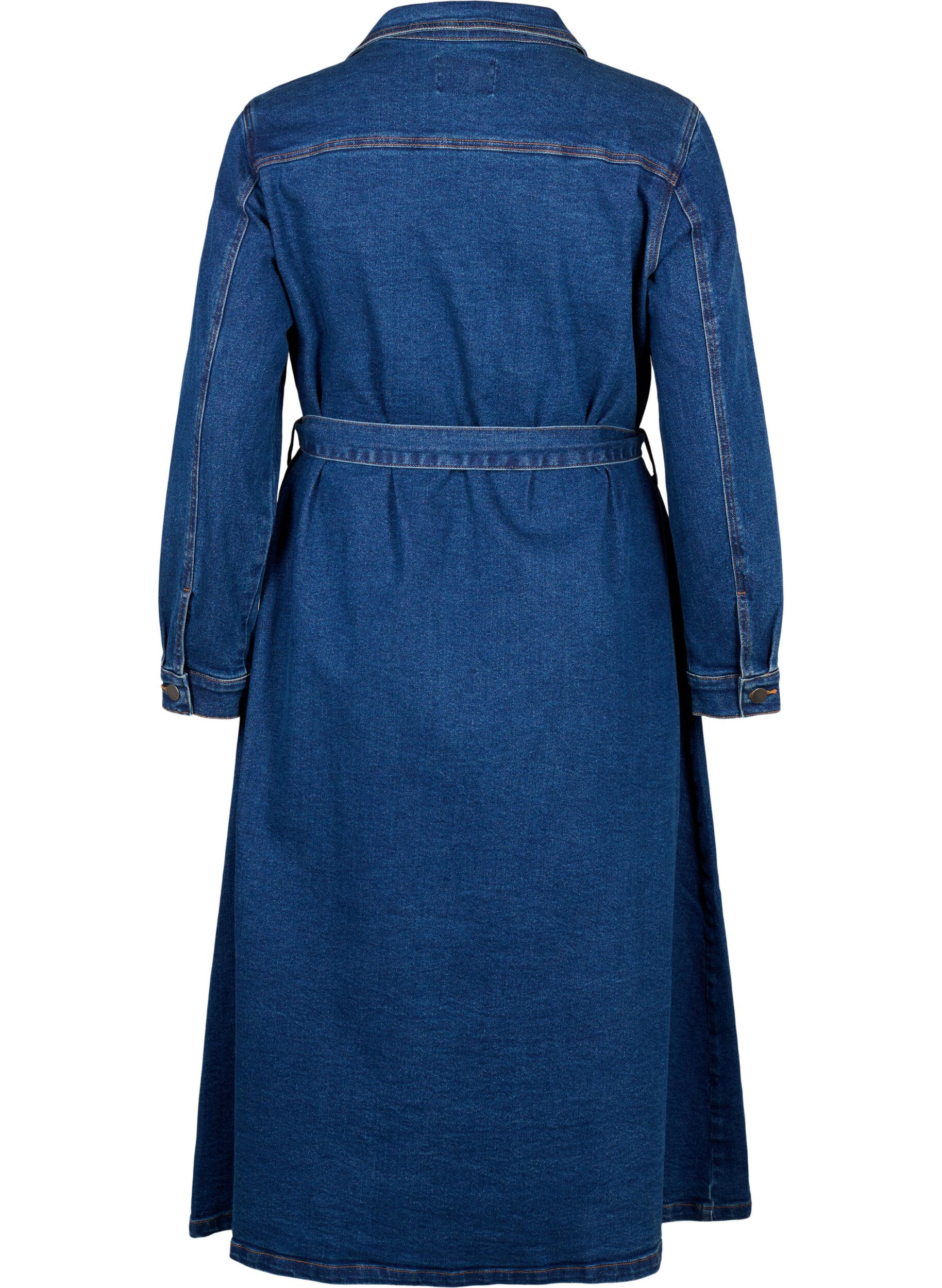Zizzi Midi overhemdjurk in denim met riem, Dark Blue Denim, Packshot image number 1