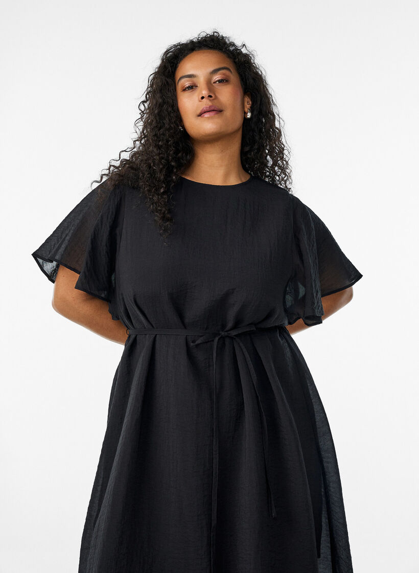 Enkellange jurk met vlindermouwen en strikceintuur, Zwart, Model image number 2