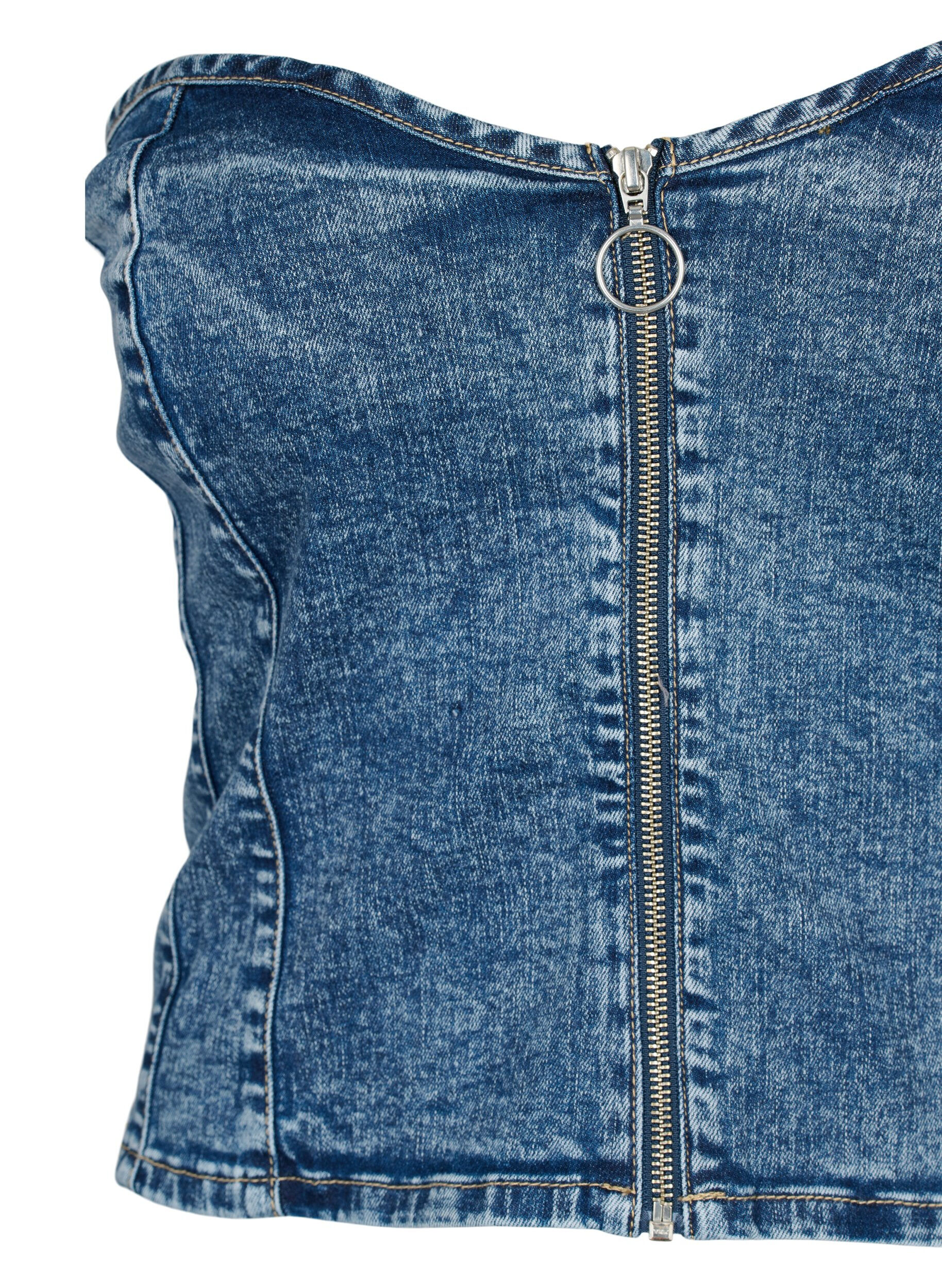 Zizzi Denim korset top met rits, Blue denim, Packshot image number 2