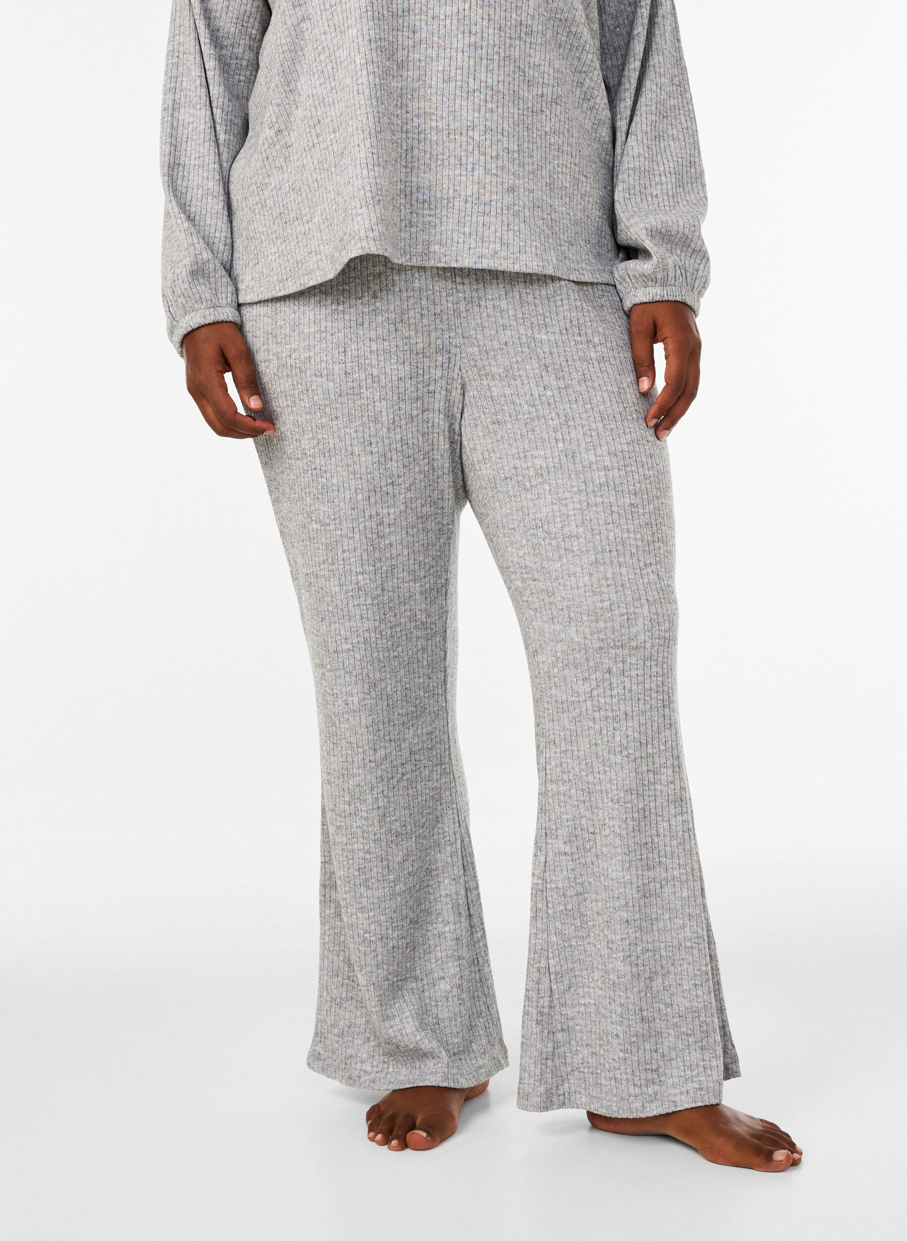 ZizziJerseybroek met geribde textuur en flared pijpen, Grijs, Model image number 2