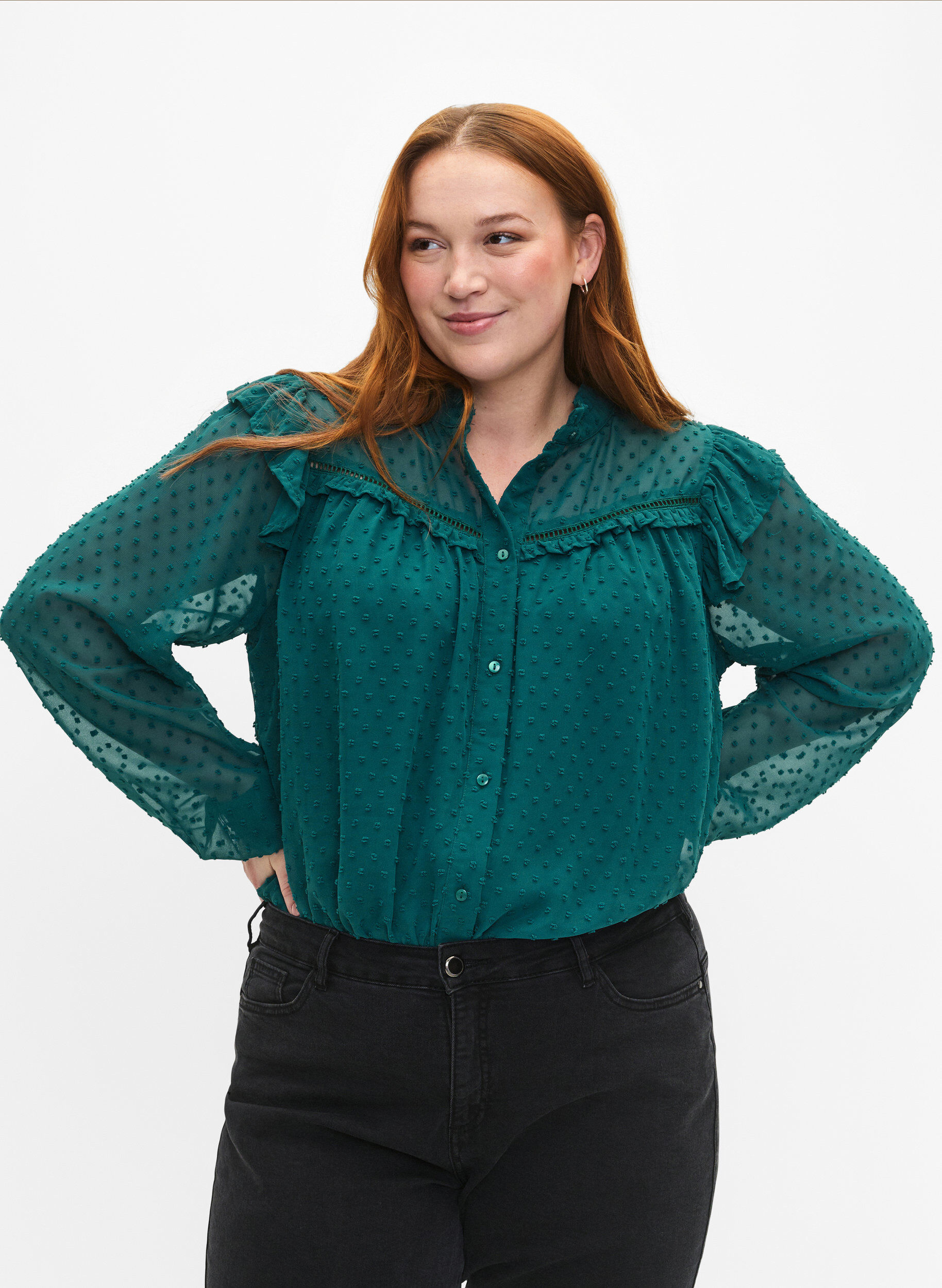 Zizzi T-shirtblouse met ruches en een gestippelde textuur, Shaded Spruce, Model image number 0