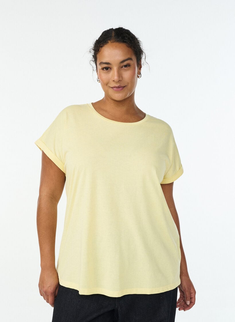 T-shirt met korte mouwen van katoenmix, Geel, Model image number 0