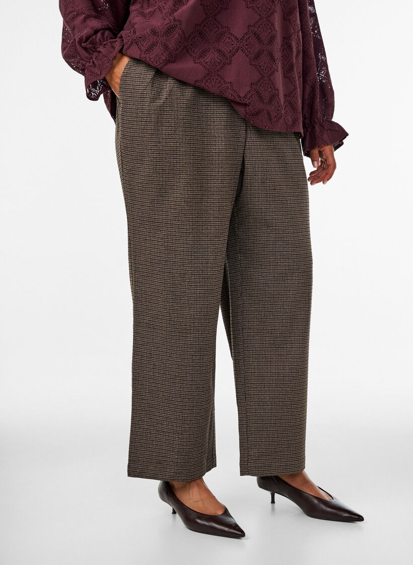 Broek met klein ruitpatroon en rechte pijpen, Bruin, Model image number 2