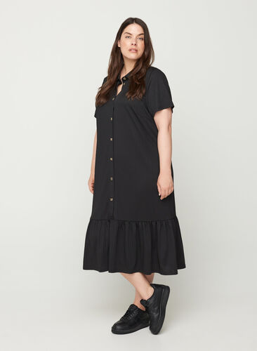 Midi-jurk met korte mouwen en knopen, Black, Model image number 0