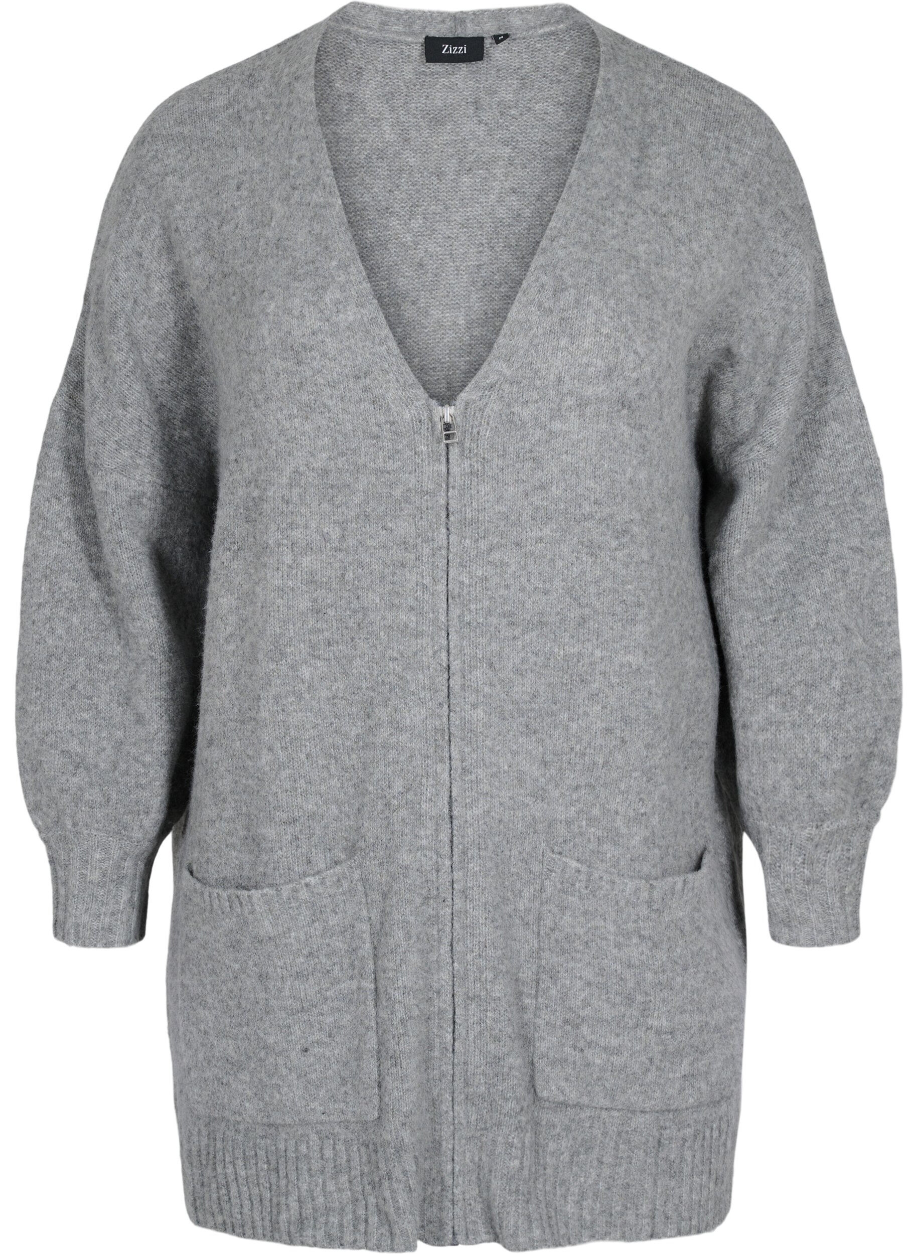 Zizzi Lang gebreid vest met rits en zakken, Medium Grey Melange, Packshot image number 0