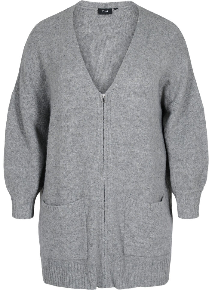 Lang gebreid vest met rits en zakken, Medium Grey Melange, Packshot image number 0