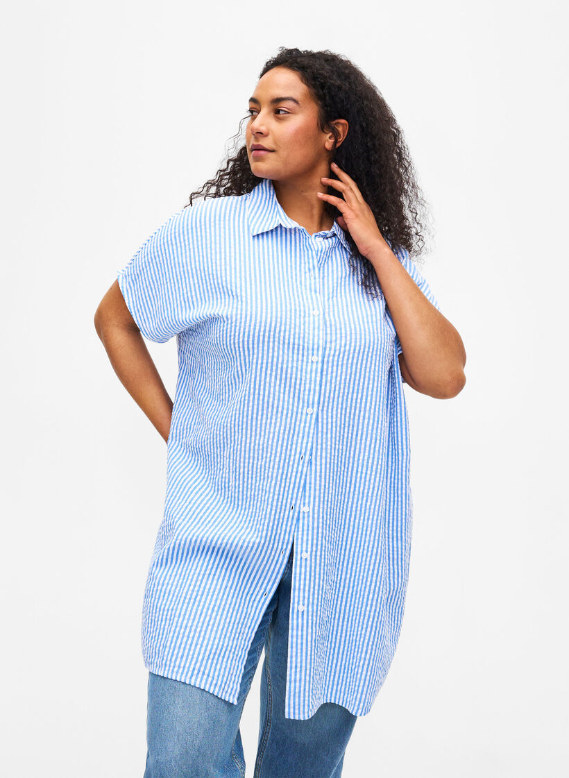 Lang gestreept katoenen overhemd, Light Blue Stripe, Model image number 0