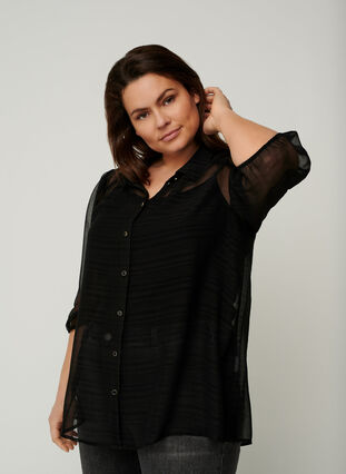 Transparante blouse met 3/4 pofmouwen, Black, Model image number 0