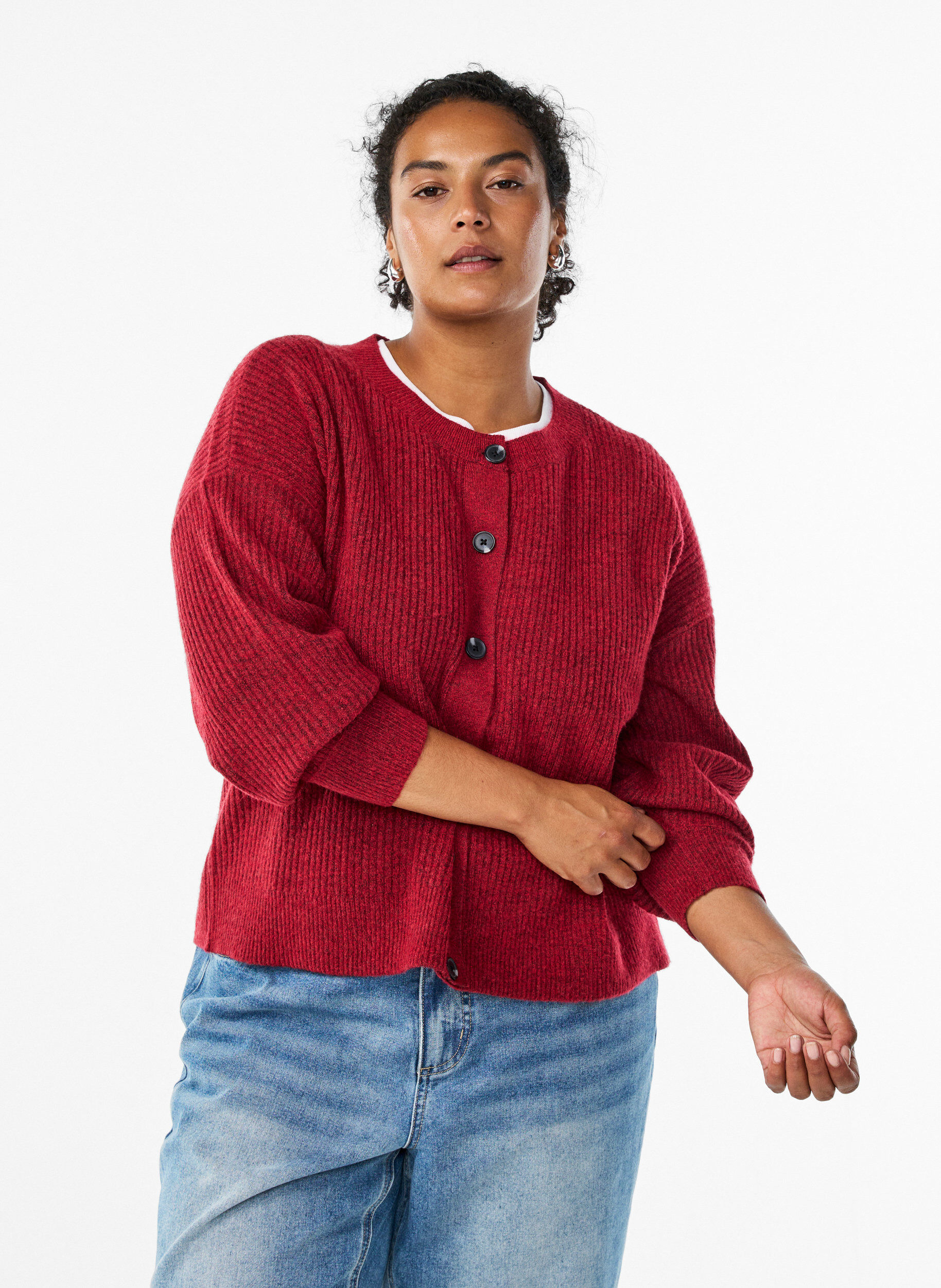 ZizziVest van ribtricot met knopen, Rood, Model image number 0