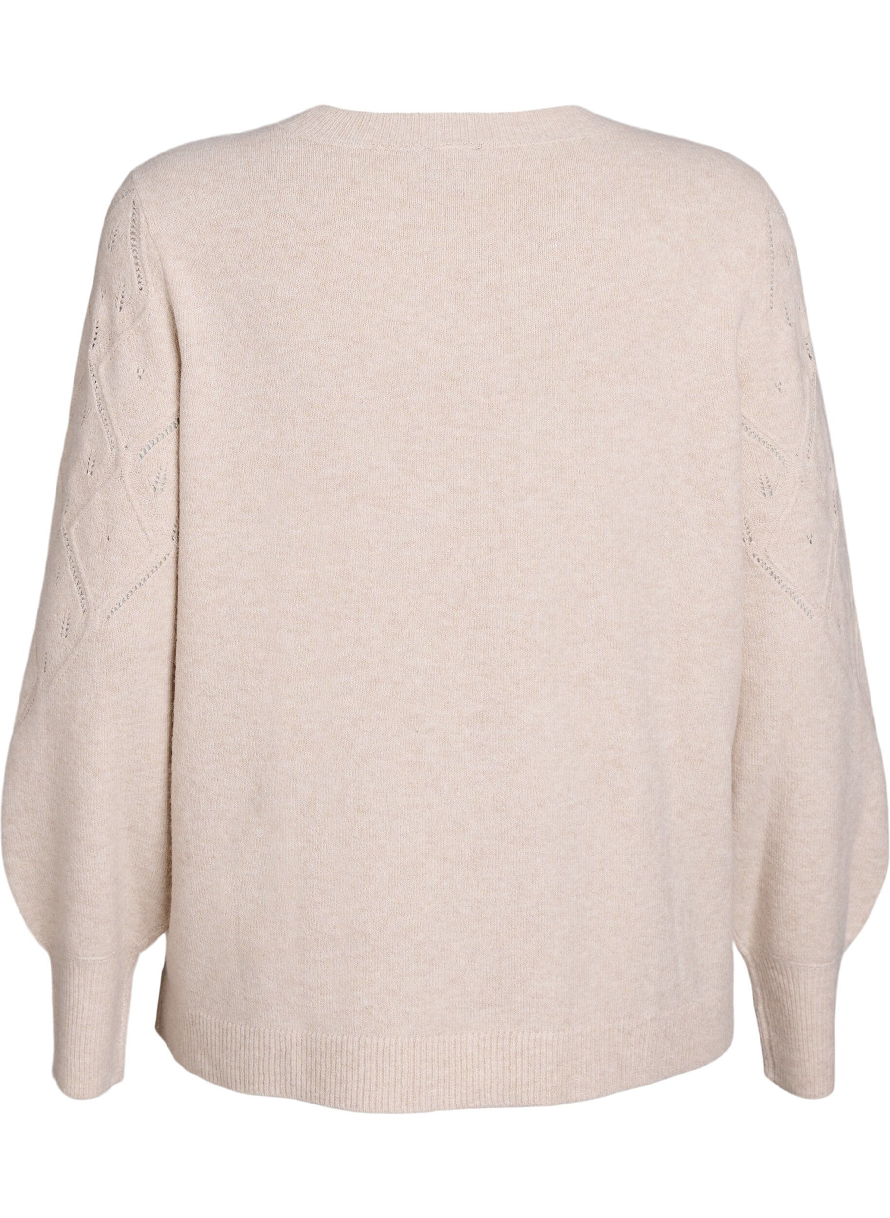 Zizzi Gebreide top met opengewerkt patroon en ballonnen mouwen, Beige, Packshot image number 1