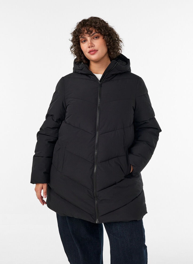 Halflange pufferjas met capuchon, Zwart, Model image number 3