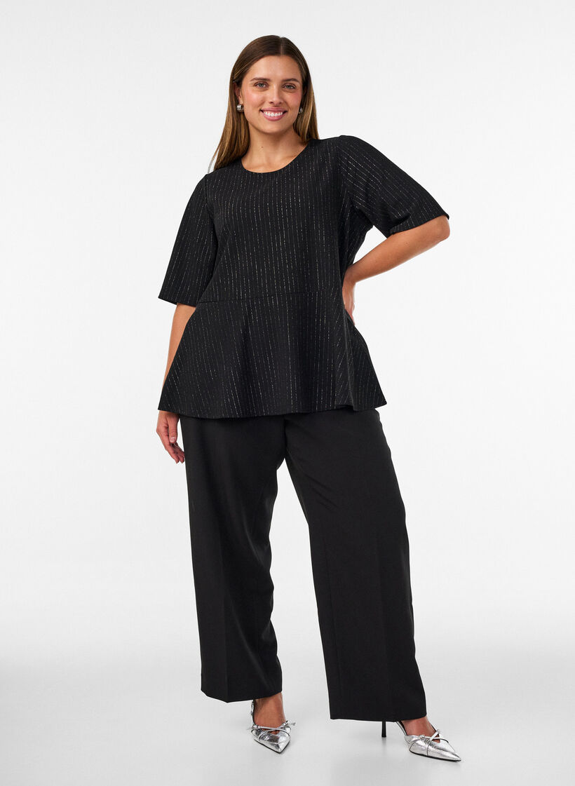 Peplumblouse met glitterstrepen, Zwart, Model image number 1