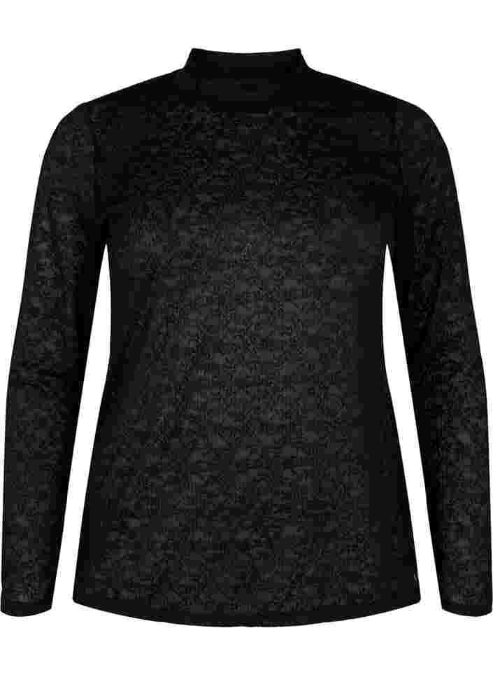 Nauwsluitende kanten blouse met lange mouwen, Black, Packshot image number 0