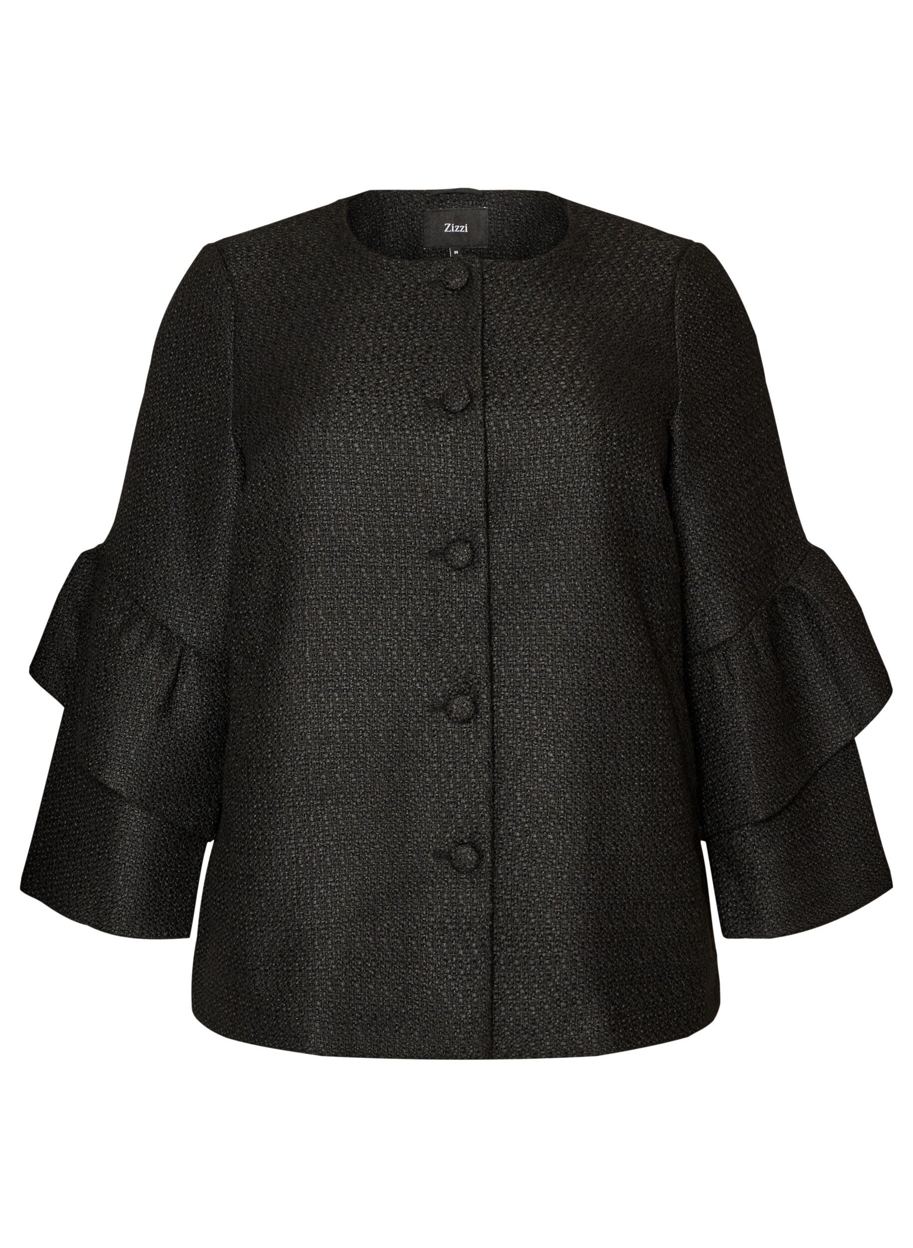 ZizziBoucl&eacute; jasje met ruchesdetails, Zwart, Packshot image number 0