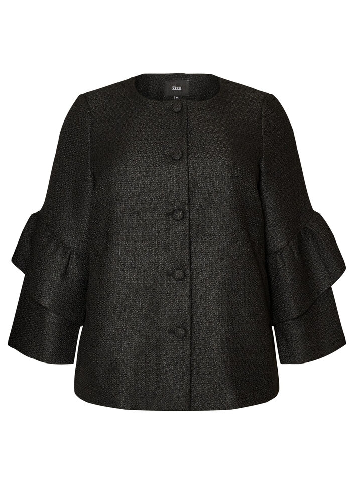 Boucl&eacute; jasje met ruchesdetails, Zwart, Packshot image number 0