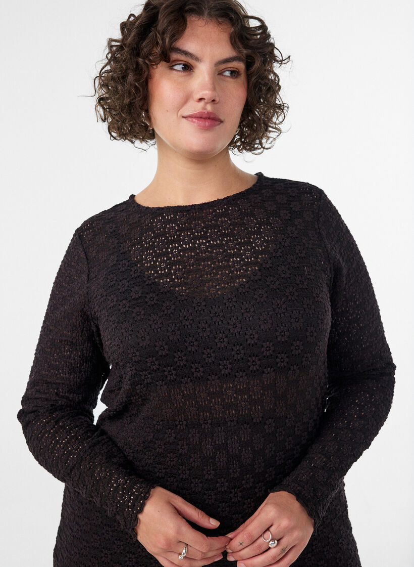 Blouse met ajourpatroon en lange mouwen, Zwart, Model image number 3