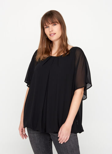 Korte blouse met losse mesh mouwen, Black, Model image number 0