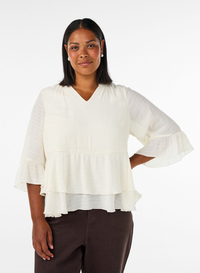 Blouse met 3/4-mouwen en ruchesdetails, Vanille, Model image number 0