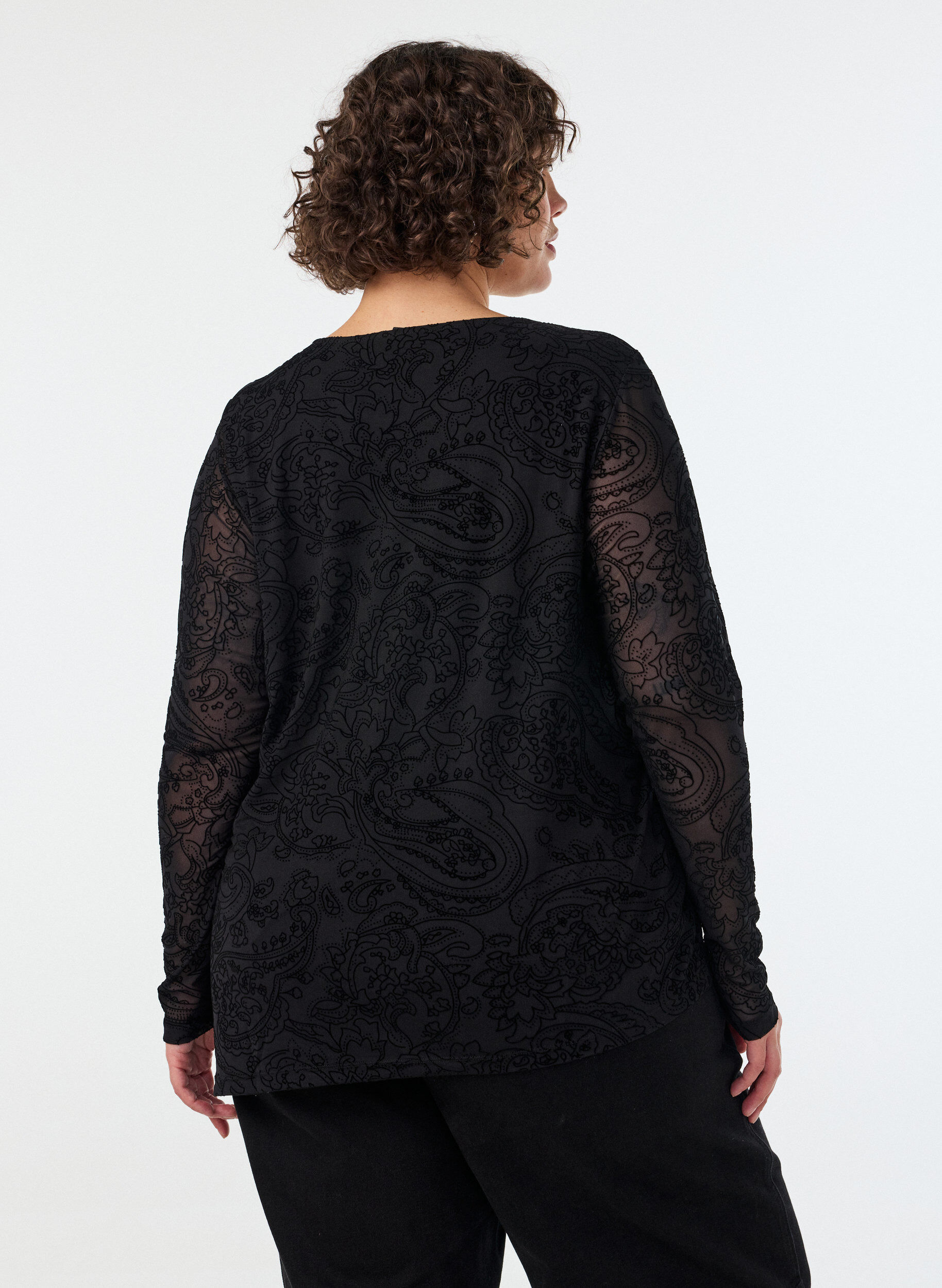 ZizziMesh blouse met paisleyprint en asymmetrische zoom, Zwart, Model image number 2